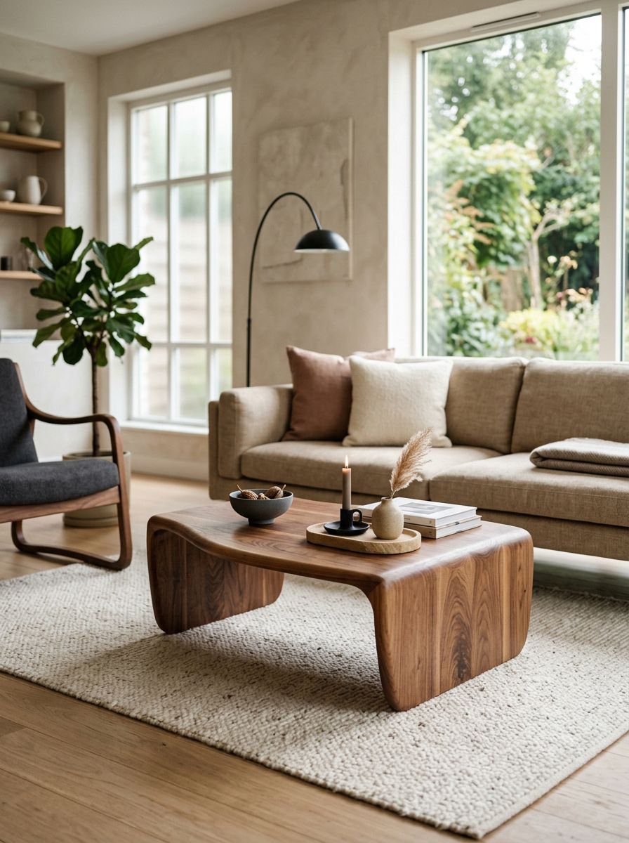 A minimalist mid-century modern living room featuring an organic shaped wooden coffee table as the focal point.