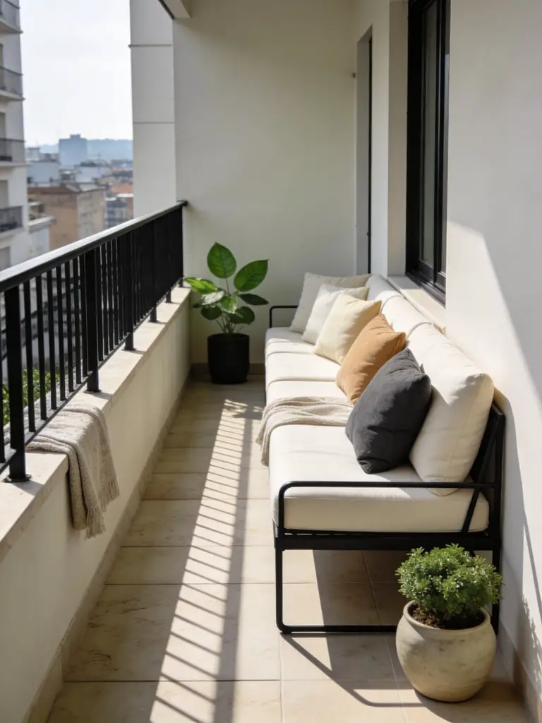 A narrow small balcony design for apartments styled in minimalist Scandinavian fashion to maximize limited space.