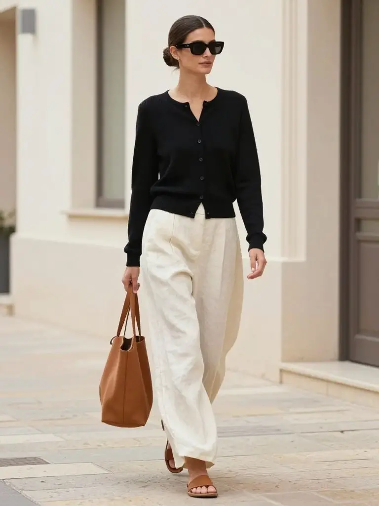 A modern European street style scene highlighting sustainable fashion outfit ideas with timeless neutral wardrobe staples.