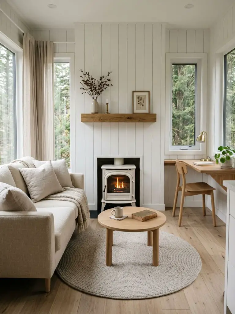 A serene minimalist tiny house living room with compact fireplace and workspace designed in Scandinavian warm minimalist style featuring whi.