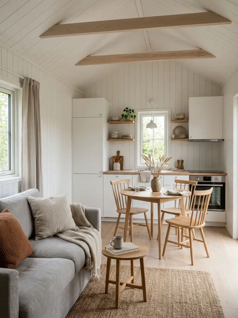 A minimalist tiny home open concept living room and kitchen designed in warm Scandinavian style featuring white paneled walls, pale oak floo.