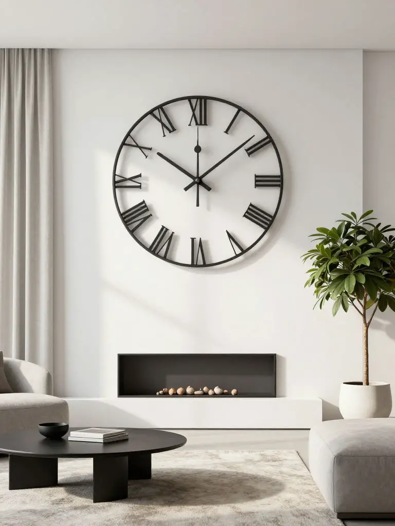 A bright modern minimalist living room showcasing a large decorative wall clock as the central wall decor feature.