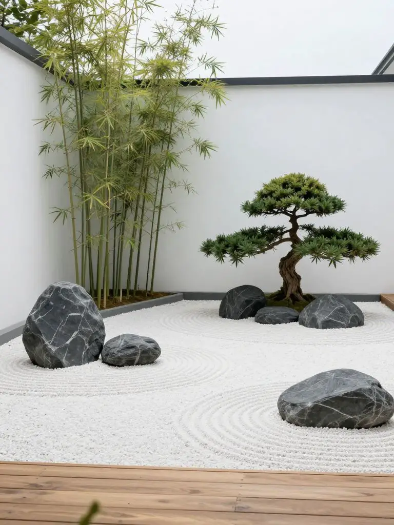 Design a minimalist zen backyard with raked white gravel forming circular patterns around sculptural stones and bonsai trees.