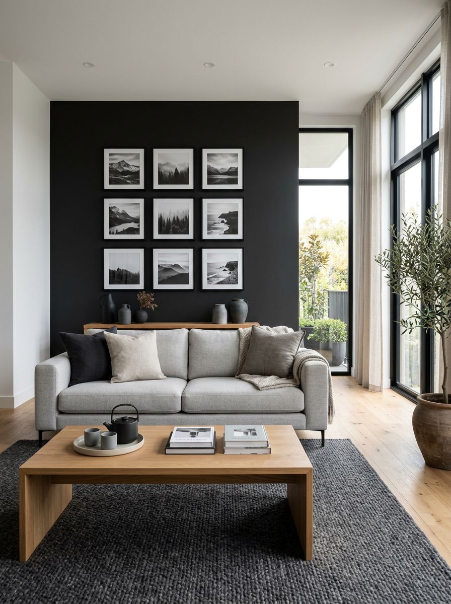 A modern minimalist living room with a bold black accent wall balanced by warm natural materials and soft neutral furnishings.