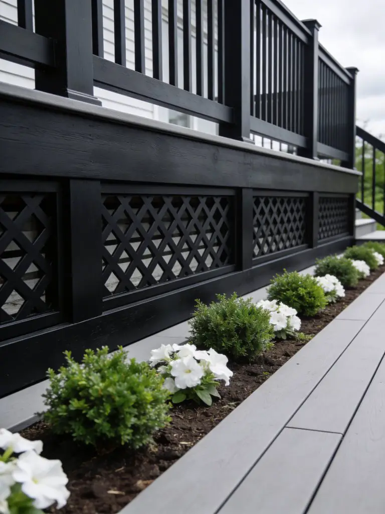 A sleek modern deck featuring bold black lattice skirting in a contemporary outdoor design.