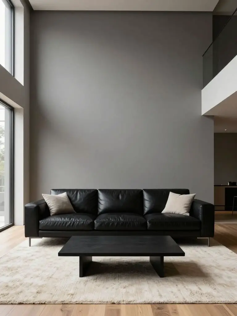 A sleek modern minimalist living room featuring a black leather sofa placed centrally against a tall architectural wall, serving as the bold.