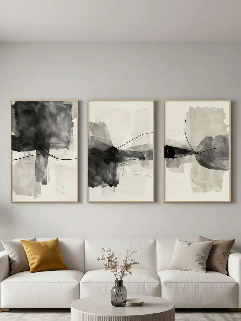 A modern minimalist living room showcasing a gallery of black and white abstract minimalist wall art above a contemporary white sofa.