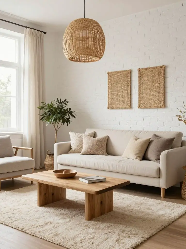 A modern boho minimalist living room designed with soft neutral tones and woven accents.