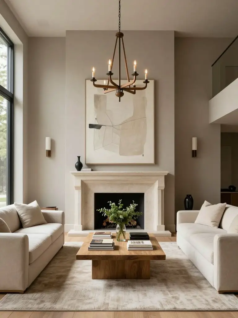 A modern classic minimalist living room designed with subtle architectural details and warm textures.