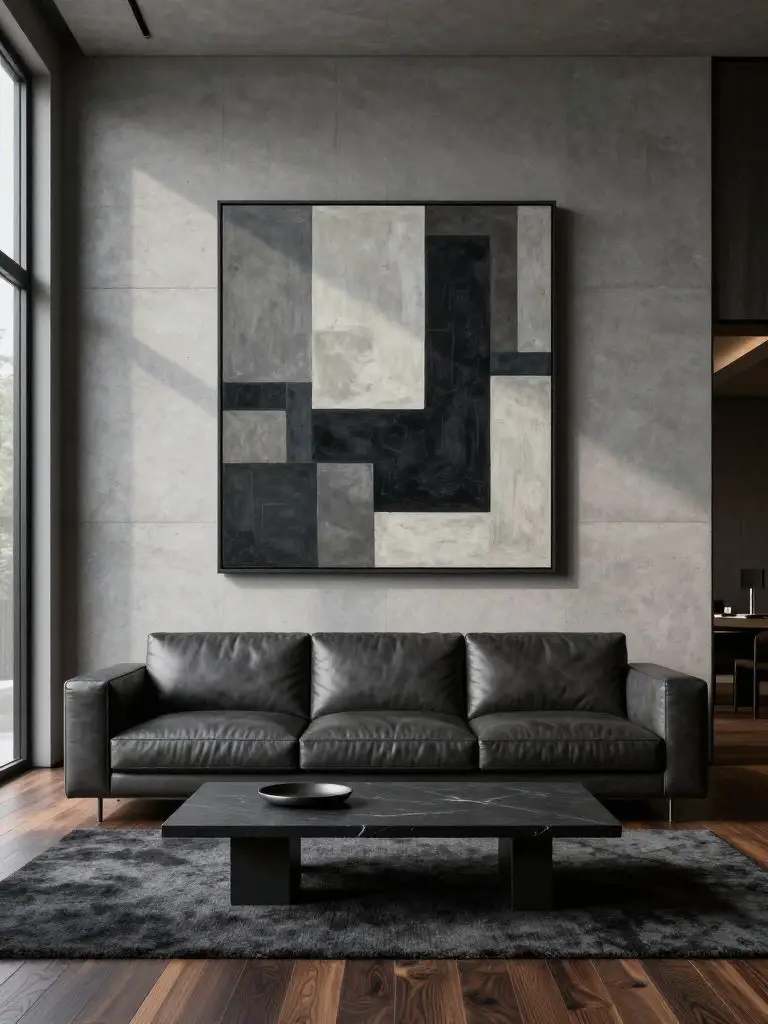 A sleek modern minimalist living room with a bold architectural feel.