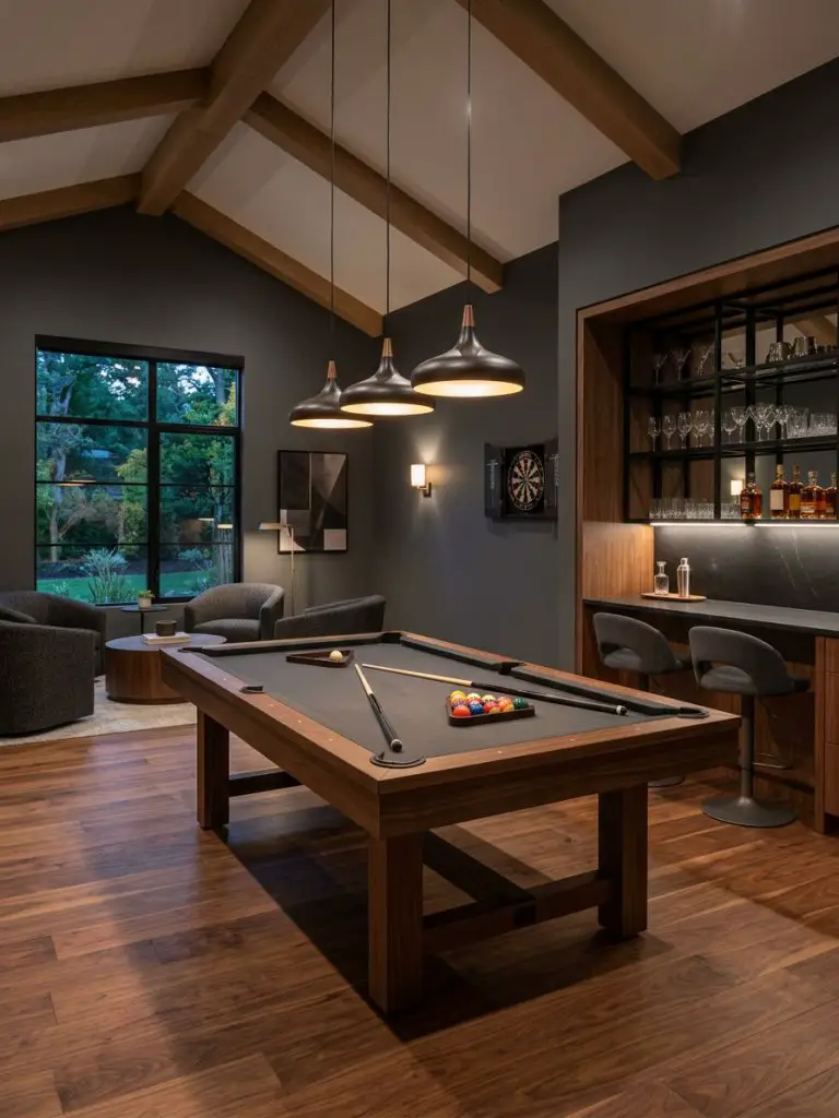 A modern bonus room game space featuring a sleek pool table, wood flooring, and a built-in bar area.