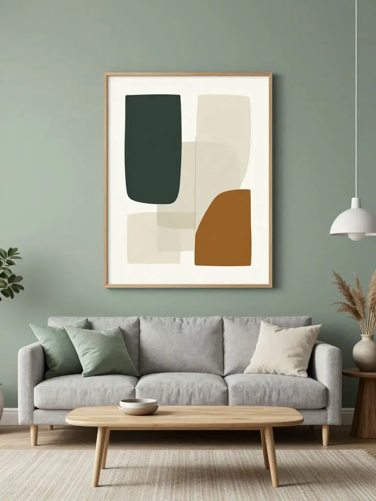 A modern minimalist living room with a calming sage green accent wall that highlights geometric minimalist wall art.