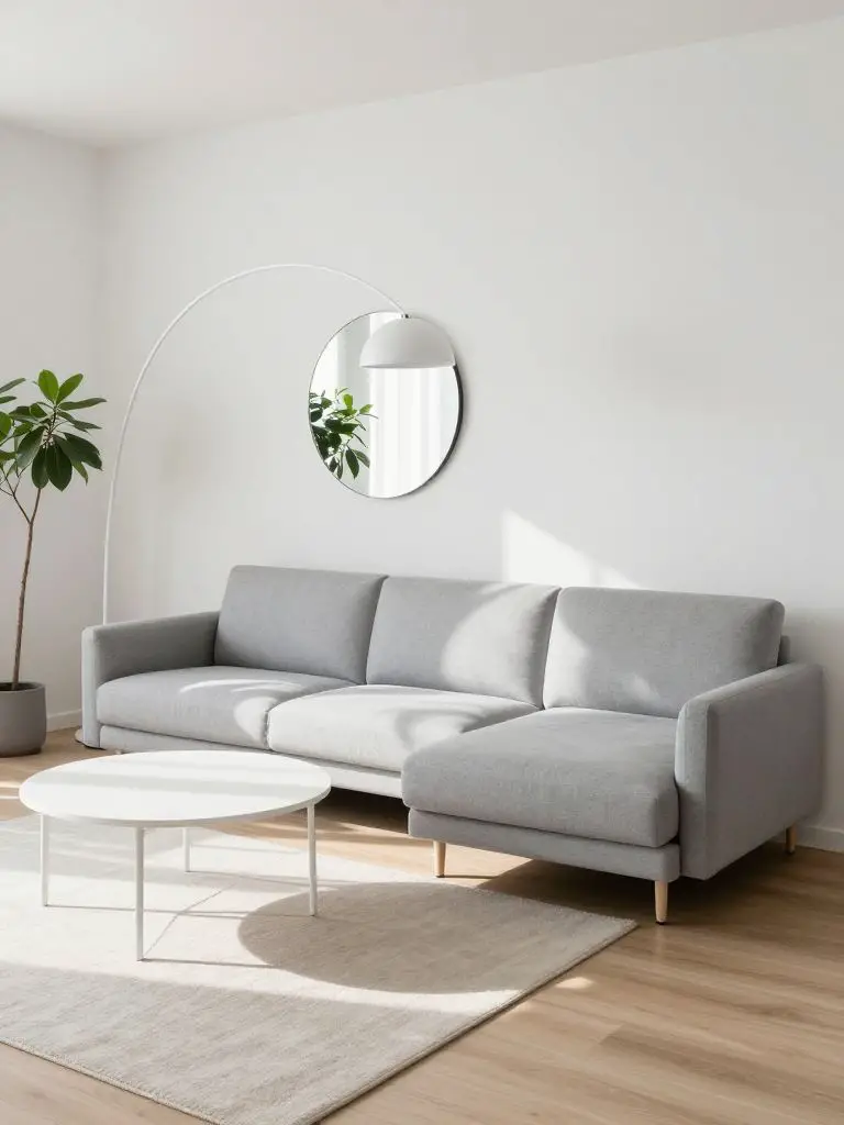 A contemporary minimalist living room showcasing a light gray sectional sofa placed diagonally across a spacious white room.