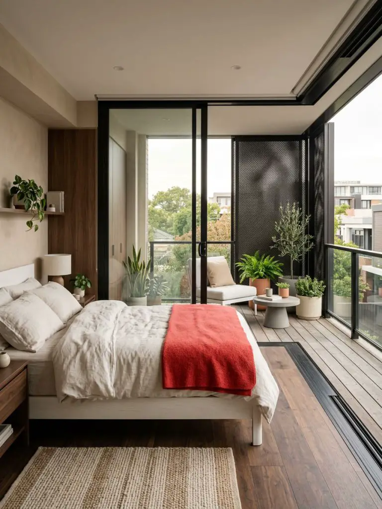 A contemporary indoor-outdoor small bedroom with balcony designed with clean modern lines and warm natural textures.