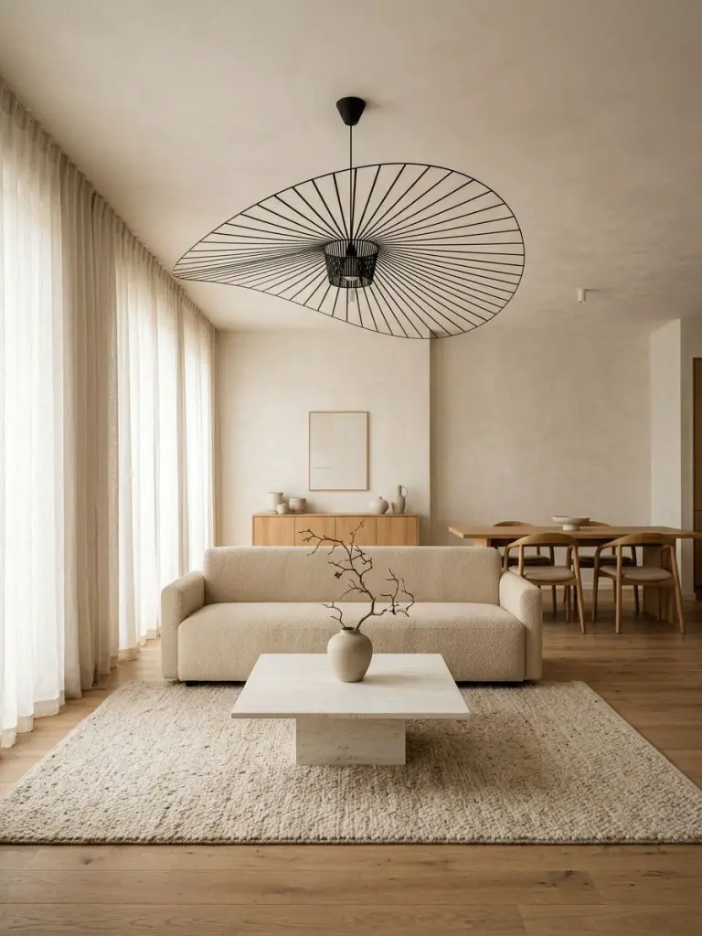 A modern Japandi minimalist living room featuring architectural lighting and a refined neutral palette.