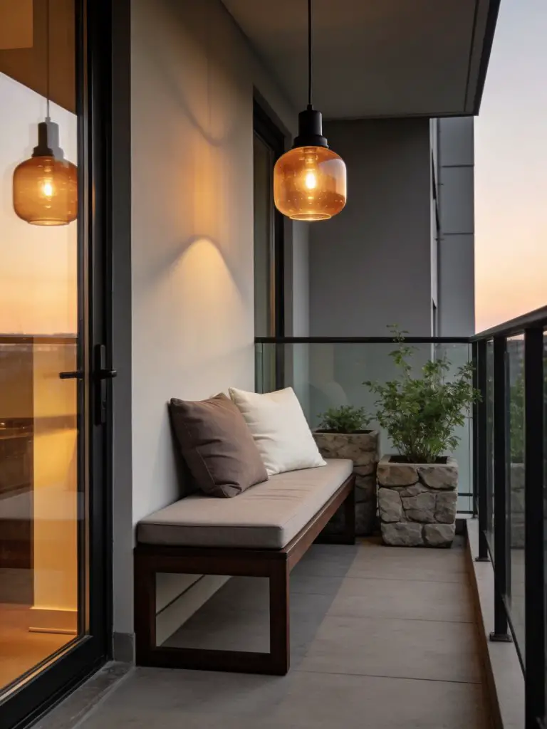 A modern minimalist small balcony design for apartments featuring a streamlined outdoor bench with ambient lighting.