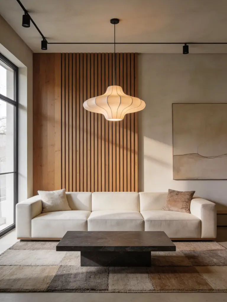A modern minimalist luxury living room defined by a striking vertical wood slat feature wall behind a soft neutral sectional sofa.