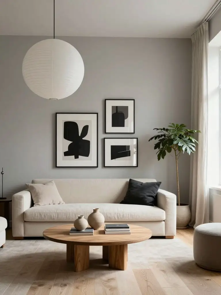 A contemporary minimalist living room designed with clean lines and subtle contrast.