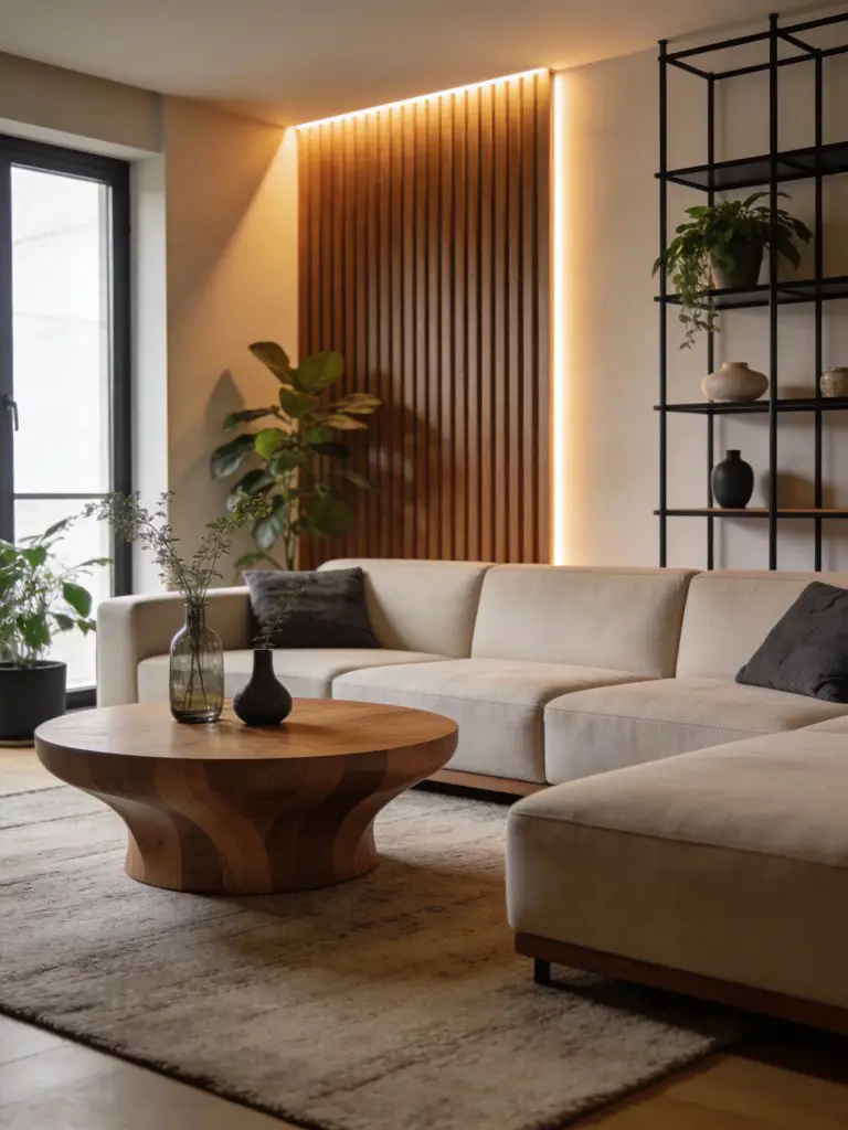 A modern minimalist living room featuring layered lighting and indoor plants for warmth in a small apartment.