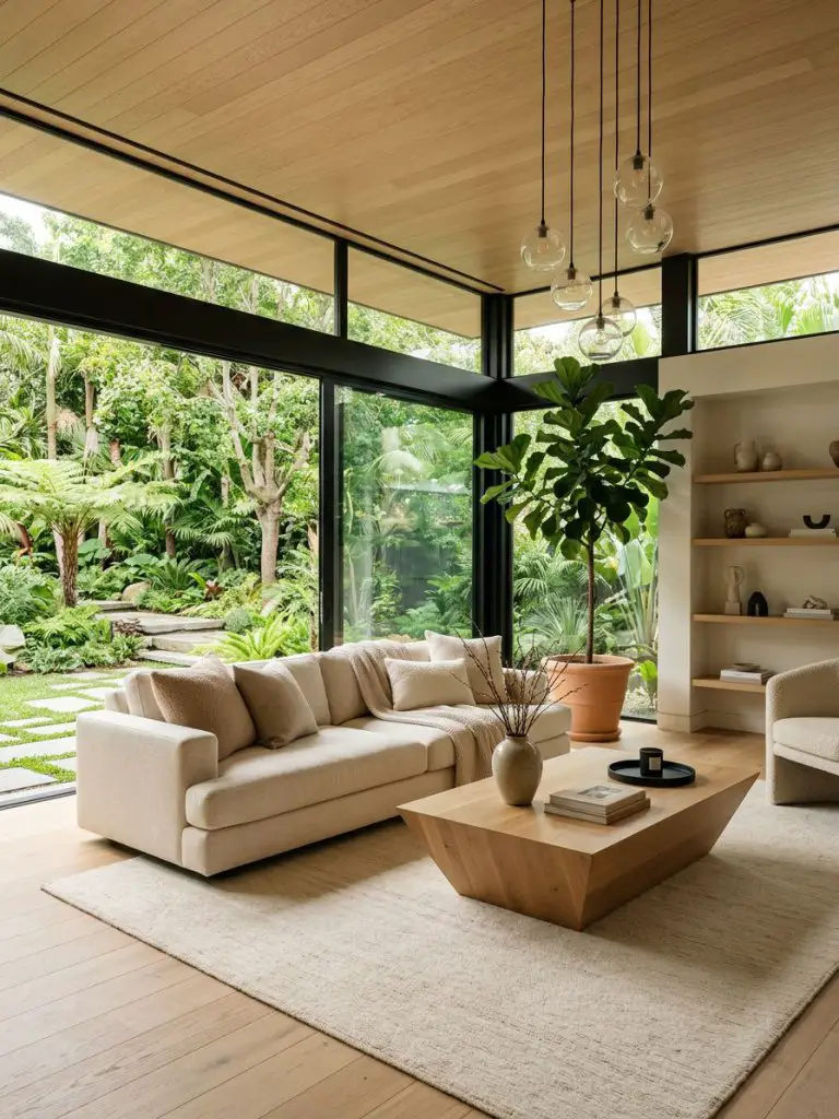 A spacious modern natural minimalist living room defined by expansive floor-to-ceiling glass walls that open to a lush outdoor garden.