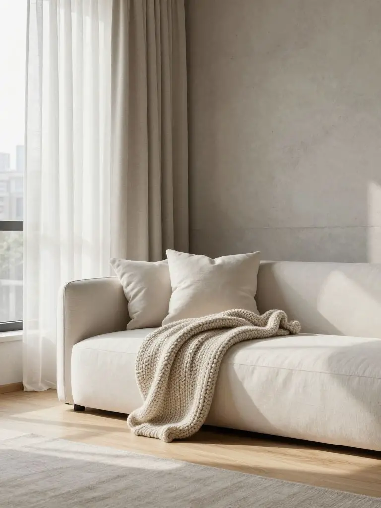A modern warm minimalist living room corner featuring a curved white modular sofa positioned beside a large window framed with sheer linen c.