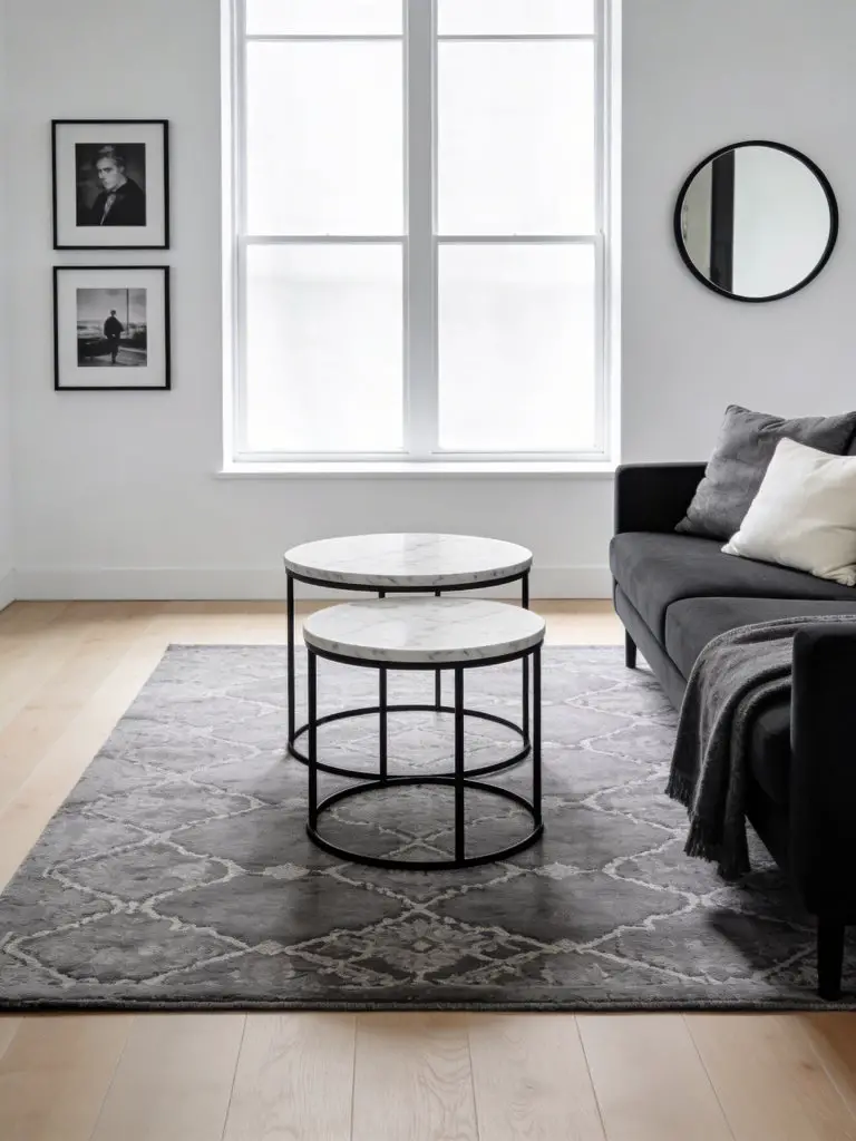 A sleek monochrome minimalist apartment living room designed with modern Scandinavian influences and dramatic black accents.