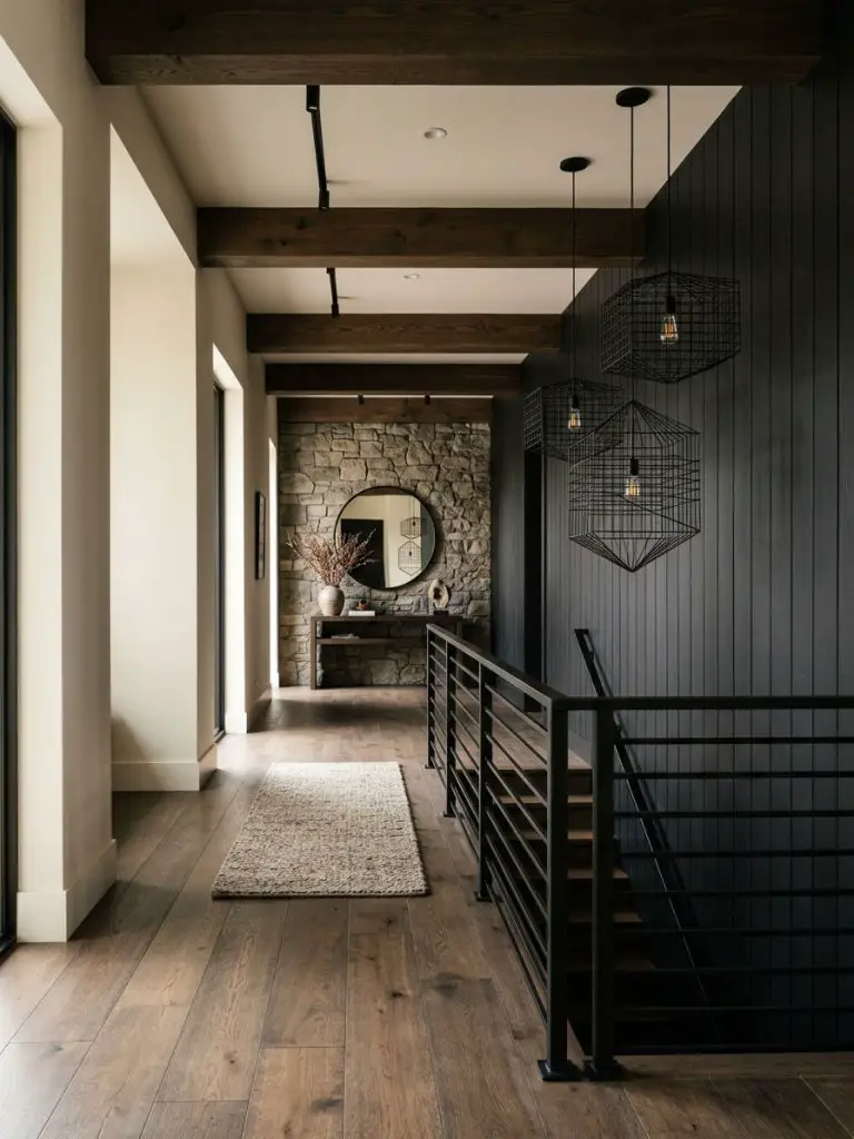 A sophisticated contemporary mountain home hallway designed in modern rustic style with minimalist architectural lines.