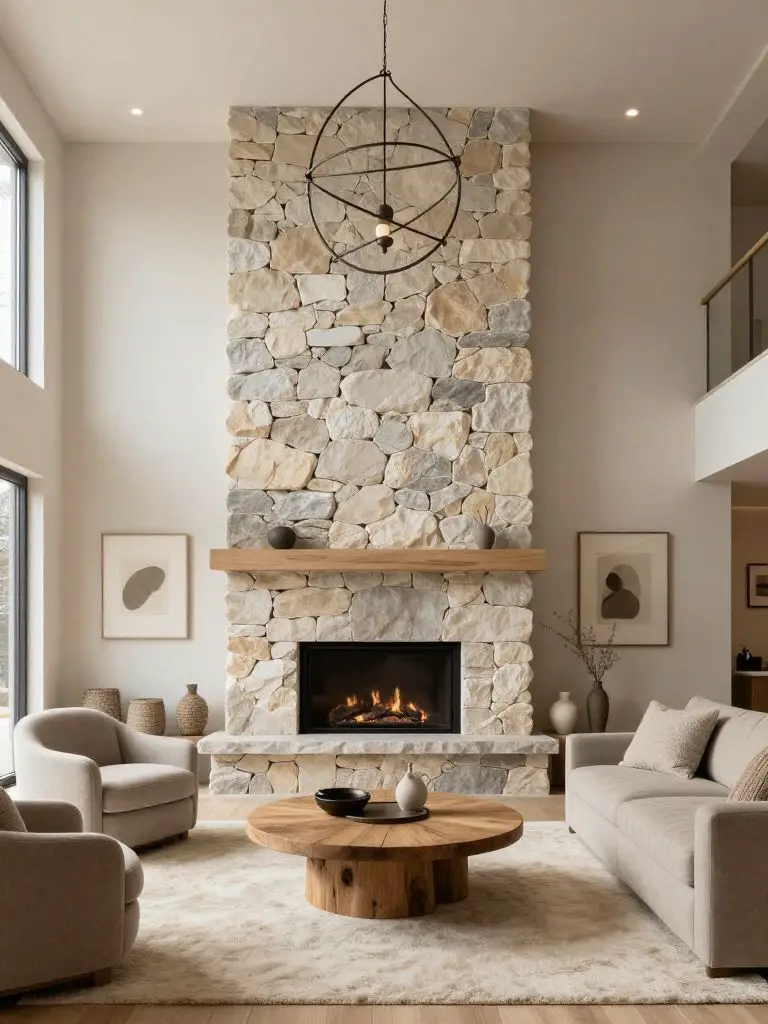 A modern mountain living room designed around a tall stacked-stone fireplace that rises dramatically toward a smooth white ceiling.
