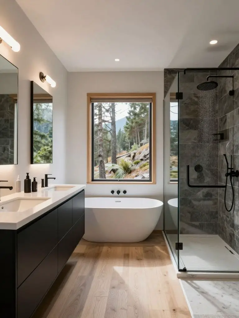 A luxurious modern mountain bathroom designed as a spa retreat with clean architectural lines and warm natural textures.