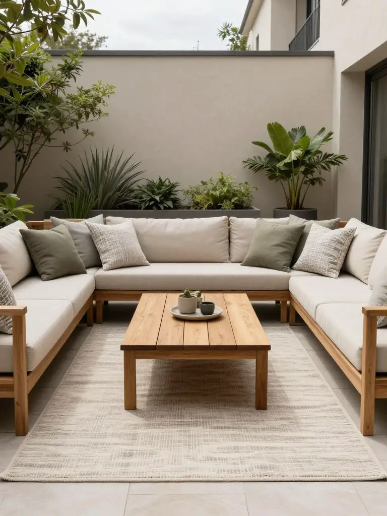 Create a modern neutral backyard patio featuring clean-lined wooden seating and a large textured outdoor rug.