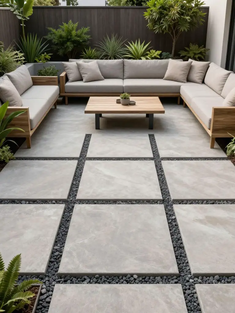 A modern backyard patio in warm minimalist style featuring a grid layout of large square concrete pavers separated by dark gravel joints as.