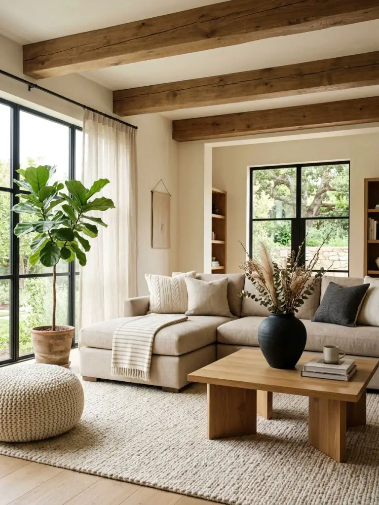 A modern rustic warm minimalist living room featuring exposed natural wood ceiling beams and large sunlit windows.