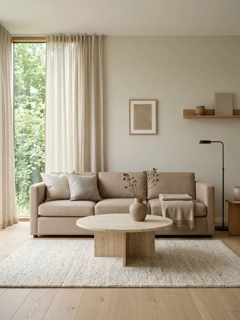 A modern Scandinavian minimalist living room designed around a soft beige tonal palette.