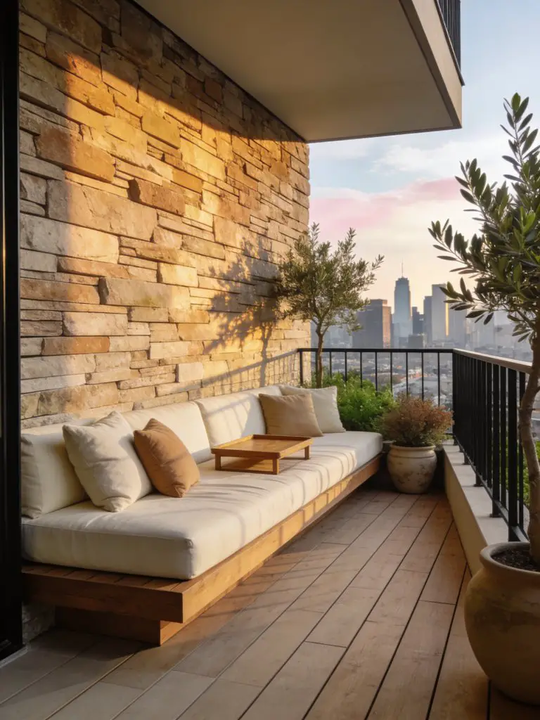 A modern small balcony design for apartments featuring a spacious lounge daybed against a textured stone accent wall.