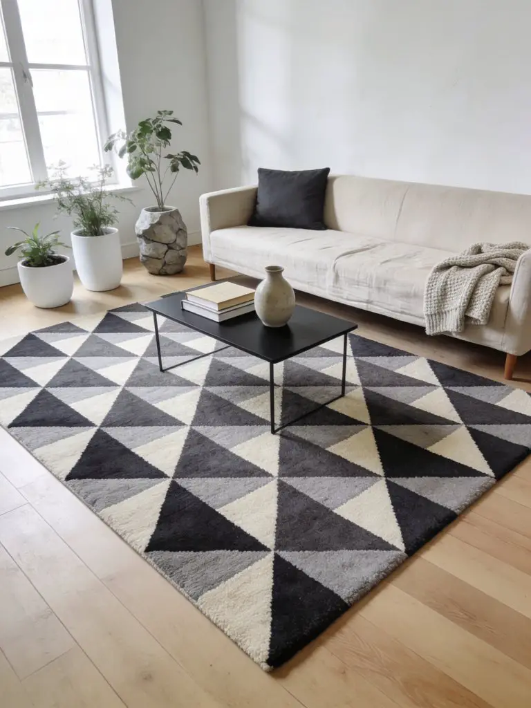 A modern minimalist living room styled around a bold triangular geometric rug that introduces subtle visual movement to the space.