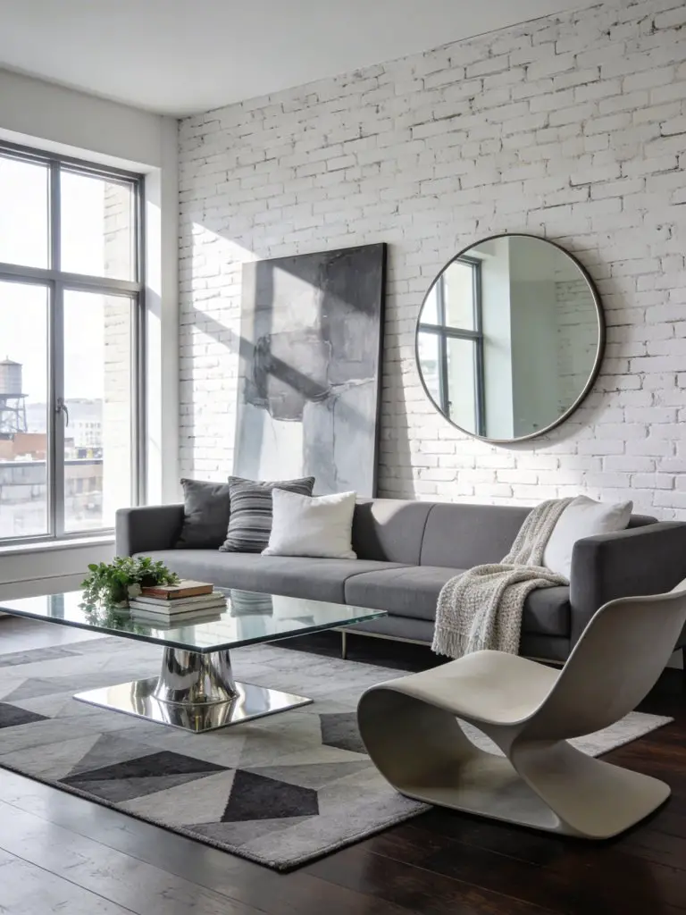 A modern urban living room featuring a streamlined grey sofa positioned against a white brick accent wall.