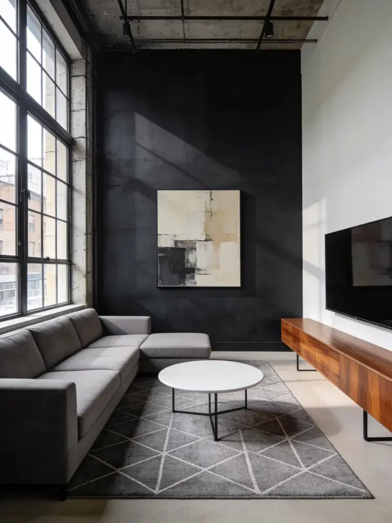 A modern urban minimalist apartment living room featuring a dramatic charcoal accent wall and large industrial windows.