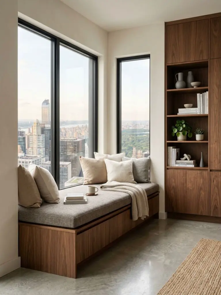 A modern warm minimalist reading nook designed around a built-in window bench with natural wood cabinetry.