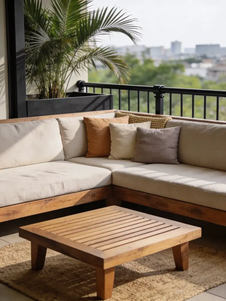 A compact small balcony design for apartments styled as a modern rustic outdoor lounge with warm minimalist influences.