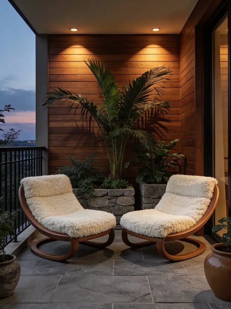 A modern small balcony design for apartments featuring two oversized plush lounge chairs against a warm wood paneled wall.