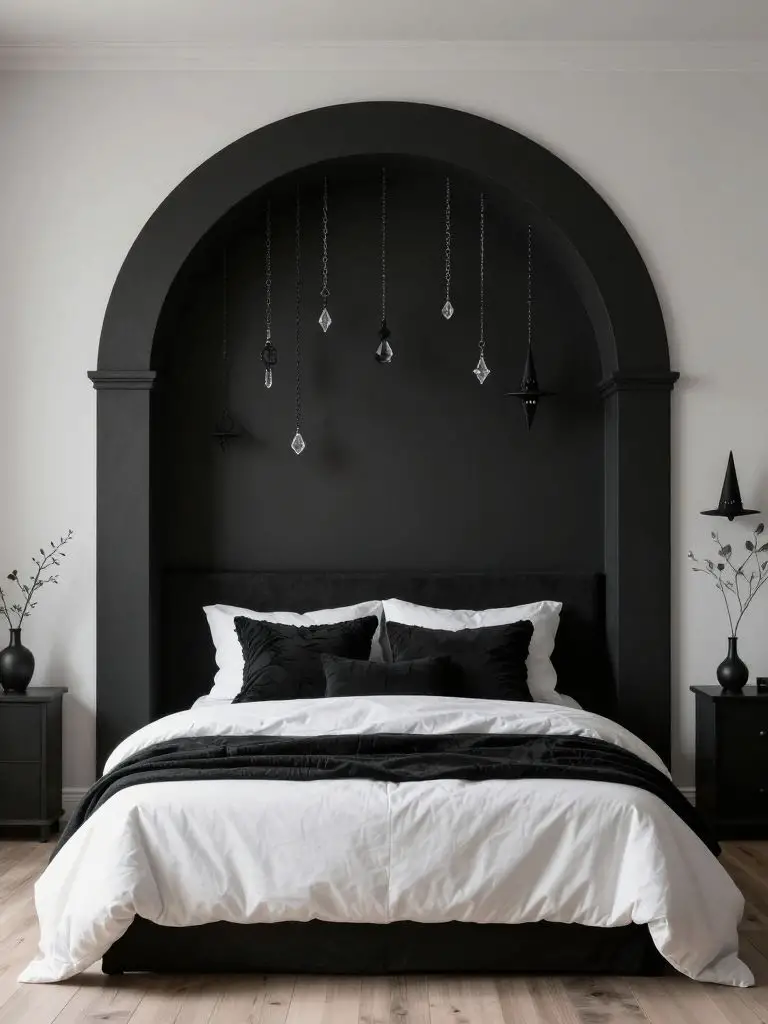 A monochrome gothic witch bedroom styled with a modern minimal gothic aesthetic and strong architectural elements.