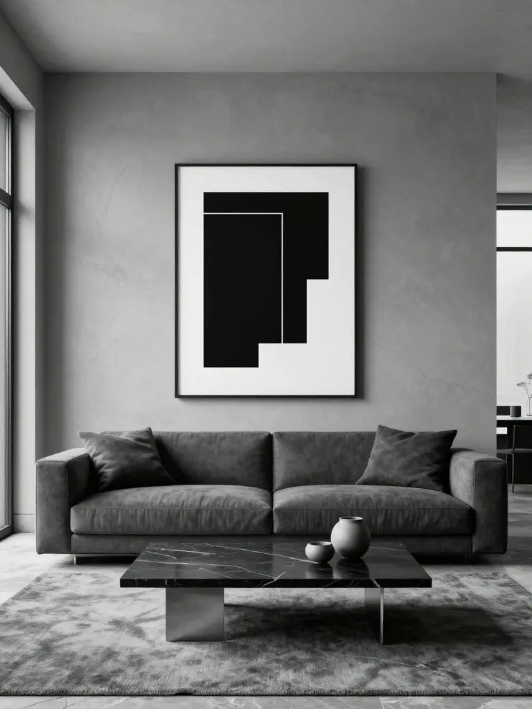 A monochrome minimalist living room built around layered gray tones and graphic contrast.