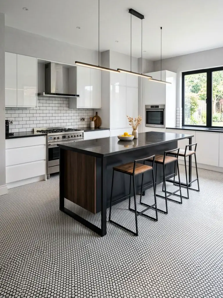 A sleek contemporary kitchen with monochrome micro-tile flooring in a warm minimalist and modern industrial style.