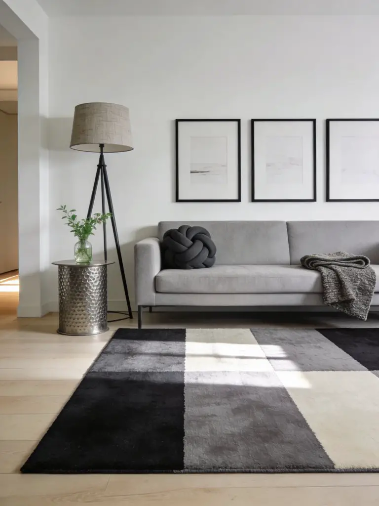 A sleek minimalist living room featuring a monochrome patchwork rug composed of rectangular panels in charcoal, slate gray, and soft ivory t.