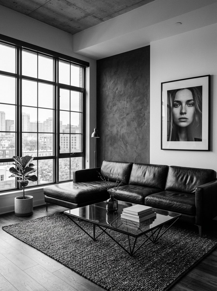 A moody modern black and white minimalist living room designed with a contemporary urban photography feel.