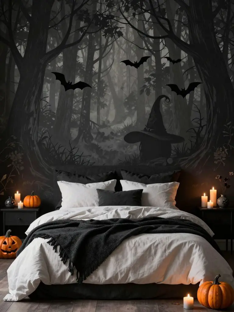 A moody Halloween-inspired witch bedroom featuring a dark forest wall mural with silhouetted trees and flying bats as the dramatic backdrop.