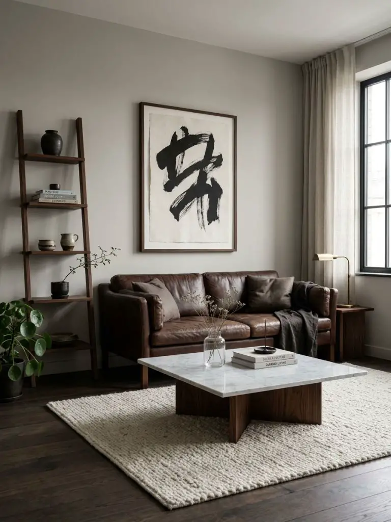 A moody Japandi minimalist living room combining dark wood tones with soft neutral textures.