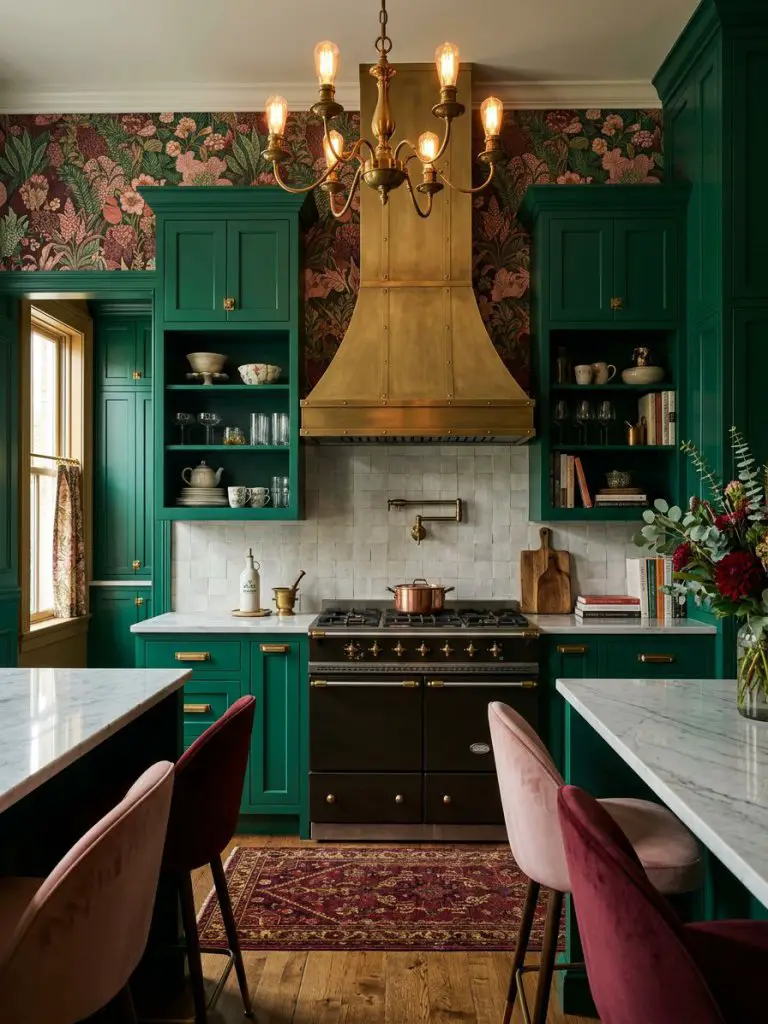 A dramatic kitchen interior in a bold maximalist style featuring deep emerald green cabinetry paired with a richly patterned botanical wallp.