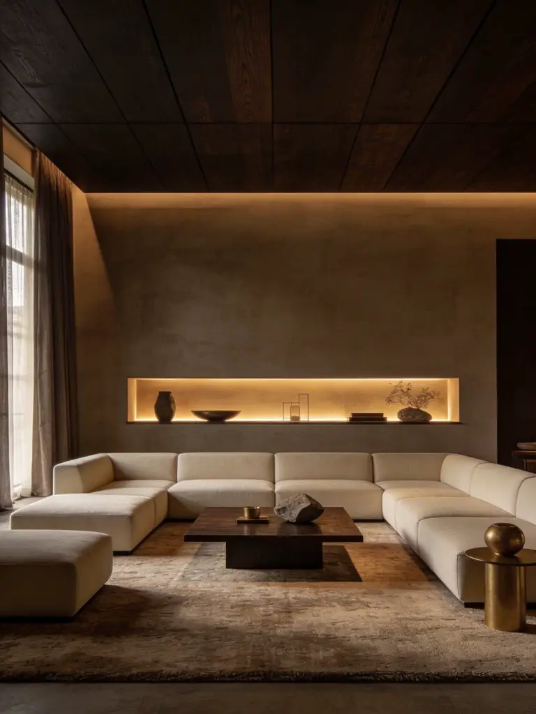 A moody minimalist luxury living room featuring deep warm tones and soft ambient lighting that creates an intimate evening atmosphere.