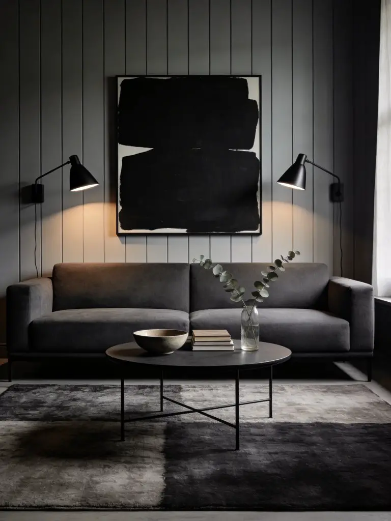 A moody minimalist living room designed around a deep grey couch placed against a vertical paneled wall in soft grey tones.